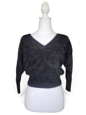 Vintage Angora Blend Fuzzy Rabbit Hair Sweater V-back Sequins Goth 90s Black S